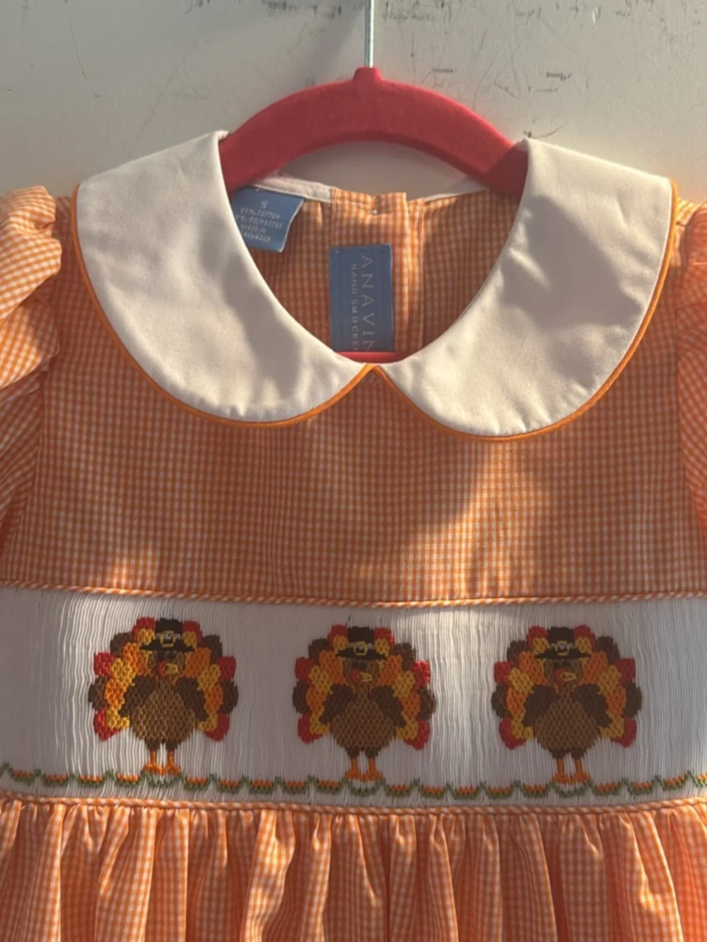Girls Orange Gingham Smocked Dress with White Peter Pan Collar size 5